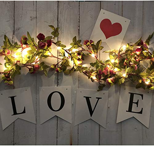 Fielegen 2 Meter 20 LED Rose Flower String Lights Battery Powered Artificial Flower Garland with LED Fairy Lights for Valentine's Day Garden Wedding Party Decor Indoor Bedroom Wall Decorations