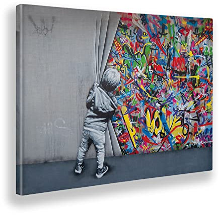 Giallobus - Gemälde - Banksy - Kind öffnet den Vorhang - Leinwand mit Standardrahmen - 50x35 - Bereit zum Aufhängen - Moderne Gemälde für zu Hause