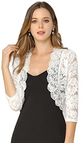 Allegra K Dam spets bolero blommönster bröllop transparent shrug öppen fram långärmad kofta, Vit, XXL