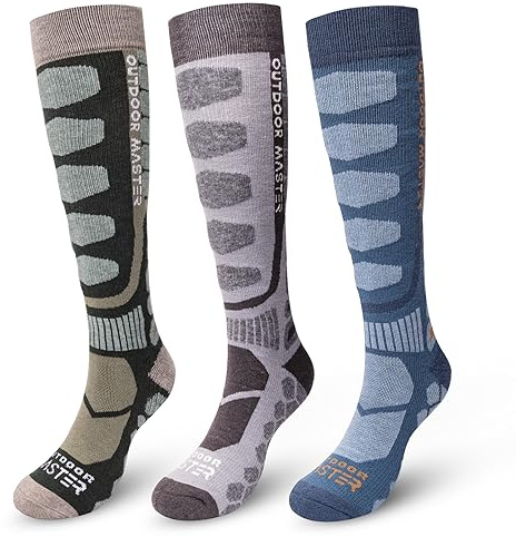 OutdoorMaster Merino Wool Ski Socks, 3-Pack Over The Calf Non-Slip Cuff for Men & Women, Winter Compression Thermal Socks for Skiing, Snowboarding, Outdoor Sports