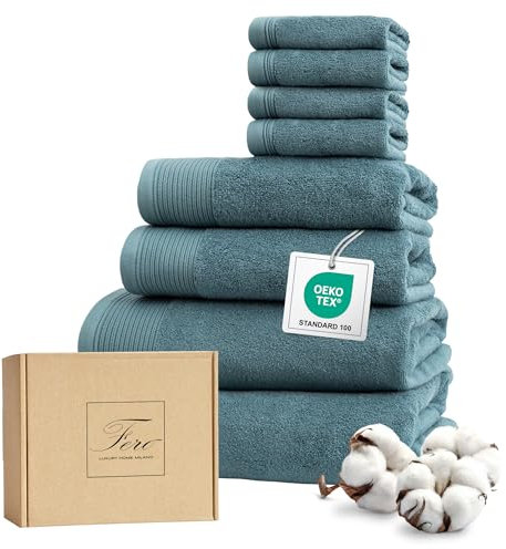Ferò Luxus Handtücher Set Baumwolle, 8 Teile, Low Twist Baumwolle, 550 g/m², Oeko-TEX, Italienisches Design, 2 handtücher 70x140cm, 2 Handtuch 50x100cm, 4 Gästehandtuch 30x30cm, Hellblau