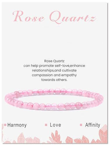 LOCCY Crystal Bracelet for Womens, 4mm Natural Stone Bracelet Stretch Gemstone Stone Bracelets Yoga Beads Bracelets for Women Men for Birthday Christmas Valentine's Gifts (Rose Quartz)