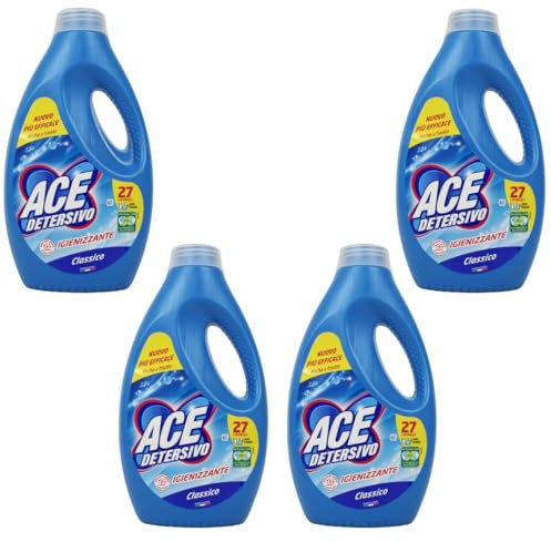 Ace Detersivo Liquido Igienizzante, Confezione da 4 Flaconi da 1350ml, Totale 108 Lavaggi, Formula Potente per la Rimozione delle Macchie, Profumo Fresco (Classico)