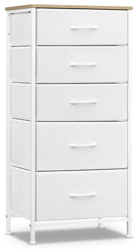 WOLTU Kommode mit 5 Schubladen aus Stoff, Kommodenschrank Sideboard Schubladenschrank, für Schlafzimmer Wohnzimmer Flur, aus Metallrahmen Holzwerkstoff, Wolkenweiß-eichenbeige