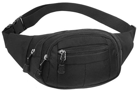 Long Keeper Sac Banane Femme Homme 4 Poche Sacoche Banane Unisexe Sac Banane Chic Réglable Multifonctionnel Sac Ceinture pour Voyages Course à Pied Sport (Noir)