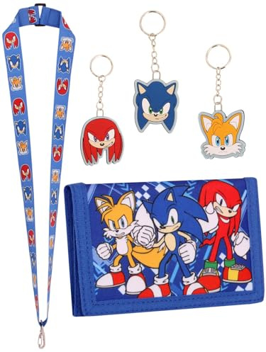 Sonic The Hedgehog Boys Wallet - 3 PC Keyring Set and Lanyard - Canvas Wallets with Zipped Coin Holder and Card Slots Featuring Tails and Knuckles