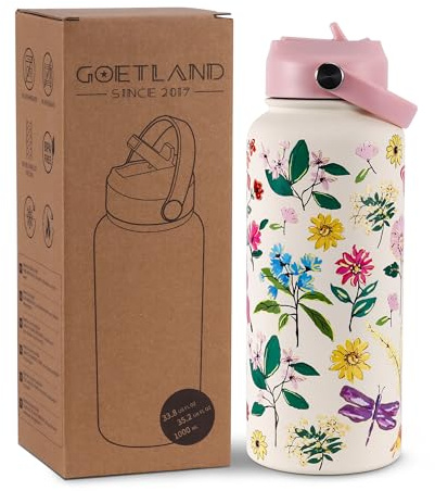 Goeland Flores Botella Agua Termica Acero Inox 1l con Pajita sin BPA Reutilizable Doble Pared Prueba de Fugas Aislado al Vacío Prueba Fugas para Adultos Rosa Suave