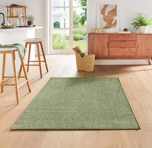 Taracarpet Teppich Flacher Kurzflorteppich für Wohnzimmer, Schlafzimmer und Kinderzimmer auch als Küchenteppich für die Küche in Sisal Optik grün 080x150 cm