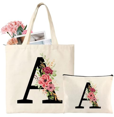 Tarklanda Initial Canvas Tote Bag, Personalized Present Bag with Floral Makeup Bag, Suitable for Wedding, Birthday, Beach, Holiday, Great Gift for Women, Mom, Teachers, Friends, Bridesmaids(A)