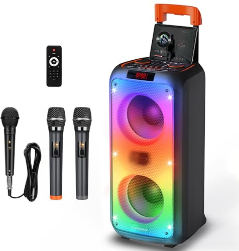 Karaoke Machine, Hukkmela Karaoke Machine Party Speaker for Adults with 3 Microphones(2 Wireless & 1 Wired), Portable PA System, Compatible with TF/USB/AUX, Bluetooth 5.3 TWS & LED Mode
