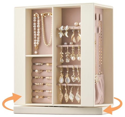 pickpiff Jewelry Box Organizer for Women: 360 Rotating Vertical Storage Case, White Leather with Blush Velvet, Ring Necklace Bracelet Holder, Gift Decor, 10 x 8.7 x 3.9 in