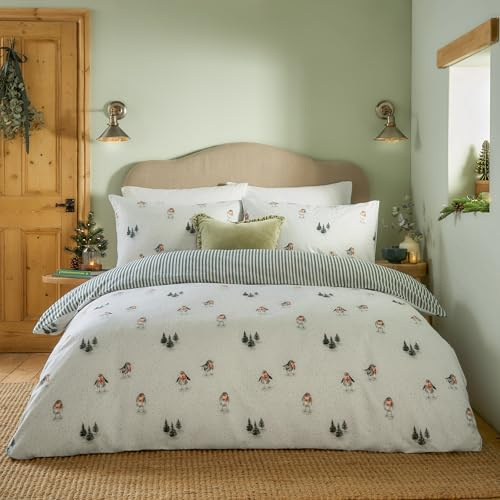 furn. Wylder Robin’s Return Set Copripiumino (Crema - Doppio) | Reversibile Pettirossi Del Bosco 100% Cotone Spazzolato Biancheria Da Letto
