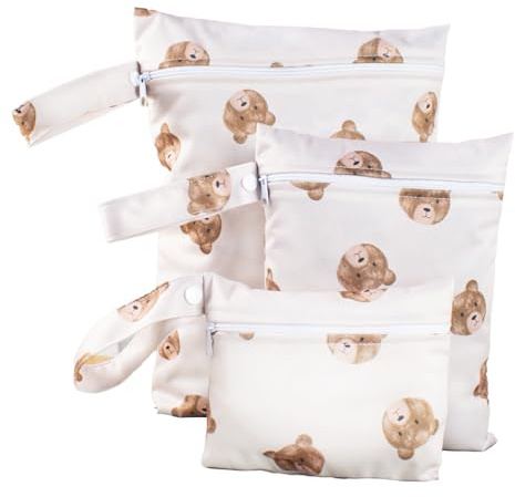 KASESSS 3 Piezas Modelo de Oso Pañaleras para Bebes, Bolsa Impermeable Bebe, Bolsa Húmeda Reutilizable con Cremallera, Organizador de Pañales con Asa de Transporte para Nadar Fitness Acampar Viajar