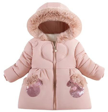 FEOYA Flickvinterjacka vinter varm barn vinterrock fleece med huva flickor jacka varm lång barnkappa buffert med kellhuva barnkappa vattentät utomhus fodrad parkas vinröd 1,5 år, ROSA, 4-5 år