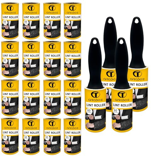AiTodos® 1200 Rullo Adesivo Peli - 20 Rotoli + 4 Manico Rullo Levapelucchi, Per Rimuovere i Peli da Vestiti, Divani, Peli di Gatto, Peli di Cane e Tappeti (60 Fogli/Rotoli), Rullo peli Animali