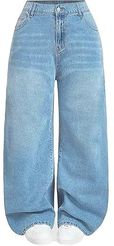 Vaimti Plus Size Casual Wide Leg Baggy Jeans, High Waist Denim Trousers