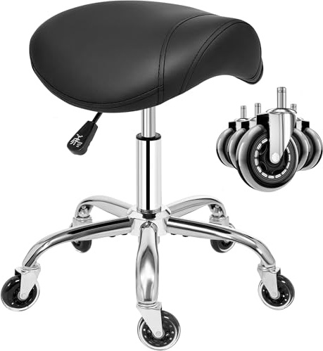 ANWBROAD Tabouret à roulettes pivotant à 360° roulettes Réglable en Hauteur Tabouret Selle de Cheval Ergonomique Cuir épais Assise Large pour Salons de Beauté, Salon, Massage, Clinique Noir WSS001B