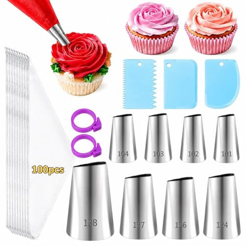 LLMSIX spritspåsar och spetsar set, 8 st kronblad spritstips, 100 st glasyrpåsar, 3 tårtskrapor, 2 bakverkspåsar, rosenglasyrspets för rosor, rosor, rosor, volanger, cupcakes gör-det-själv dekoration