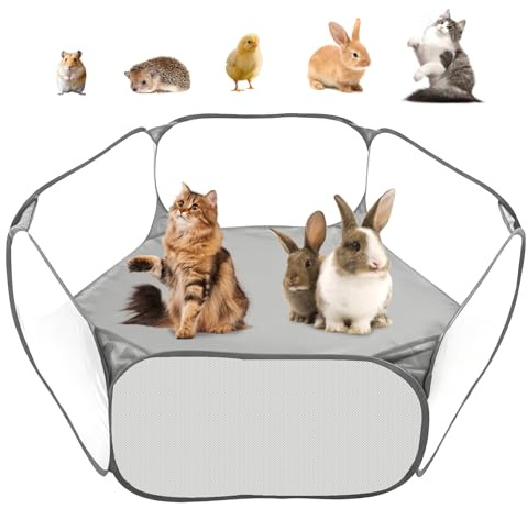 Lekhage för små djur, lekhage, bärbar andningsaktiv och transparent träningsstaket, vikbar bur tält smådjursbur för marsvin, guinea-pig, hamster, chinchillor, valp (grå)