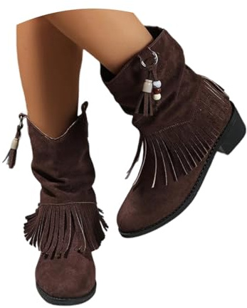 Botas de equitación estilo occidental con flecos y tacón de bloque, café, 39 EU