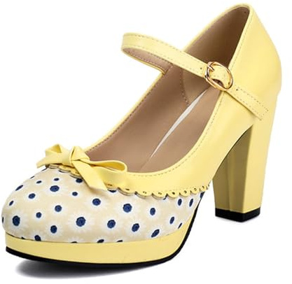 Scarpe Tradizionali con Tacco Scarpe da Ballo Grosse Scarpe da Sposa Scarpe da Ballo con Tacco a Blocco Ballerine Scarpe Eleganti con Tacco e Fibbia (Yellow, 34)
