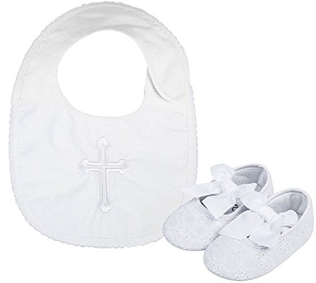 LACOFIA Scarpe Ballerine da Battesimo Bianche Suola Morbida Antiscivolo da Primi Passi per Bambina con Bavaglino Ricamato Neonato 12-18 Mesi
