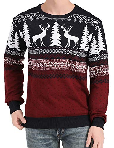 v28 Men's Christmas Reindeer Snowman Penguin Santa and Snowflake Sweater (XXX-Large, Deer&Tree-View-red)