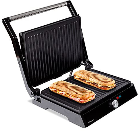 Mellerware -Parrilla Eléctrica Hotty!2200W, Revestimiento Antiadherente, Regulador Temperatura LED, Obertura 180º , Placas Adaptables, Superficie 29×46cm, Grill Acero Inoxidable, Libre PFOA,Multicolor