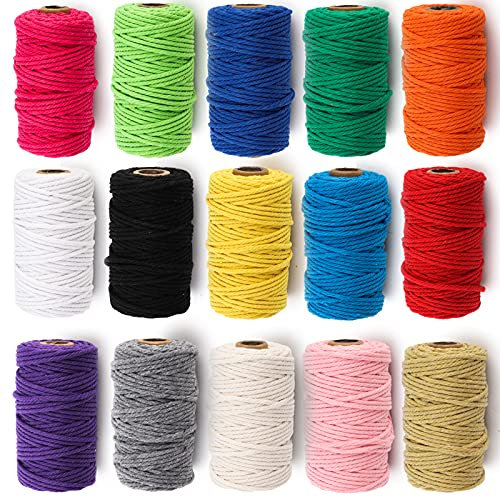 ZEAYEA 15 Rolls Macrame Cord, 3mm x 480 Yards Natural Cotton Macrame Rope, 4-Strand Twisted Soft Cotton Twine String Cord for Artworks, Wall Hanging, Plant Hangers, Crafts, Knitting, 15 Colors