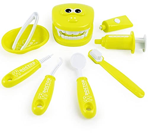 9PCS Plastic Simulation Dentist Play Set Medical Kit Pretend Toy for Kids Hygienic Habbit Cultivation Role Play Game for Children 6 Colors (Purple/Pink/Yellow/Green) Simple OPP Bag Packaging (Yellow)