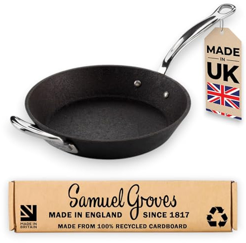 Samuel Groves Britannia Recycled Cast Iron Pre Seasoned Frying Pan Skillet BBQ Cookware Range Made in England (24cm Skillet Frying Pan)