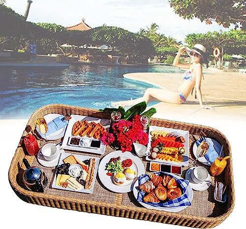 DOZPAL Bandejas de Servicio flotantes Tejido de ratán para Alimentos y Bebidas en el Agua - Bandeja Flotante de Piscina Mesa de Bandeja de Servicio Flotante de Lujo para Bancos de Arena, spas