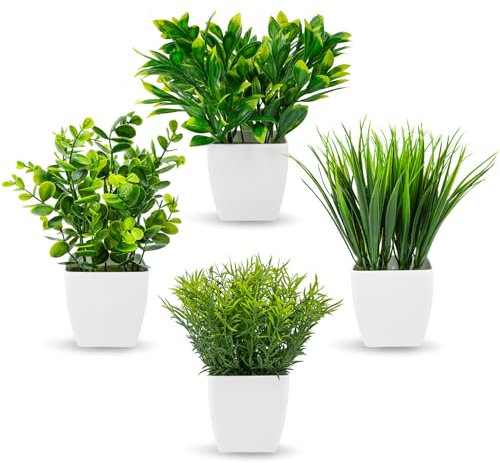 4 Stück Klein Kunstpflanzen, Künstliche Pflanzen Innenbereich, Plastik Pflanzen im Topf, Gras, Eukalyptus, Rosmarin, Kunstpflanze für Büro, Tisch, Schlafzimmer, Küche, Badezimmer, Heimdekoration