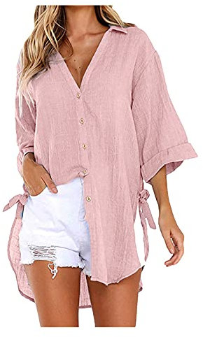 HSUAYEUD Chemise Longue Rose Femme Chemise Femme avec Cravate Chemise Bustier Chemise Blanche Femme Popeline De Coton Chemise Voile De Coton Femme Chemise Tendance Femme 202Une Chemise Femme Blouse