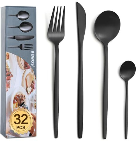BEWOS 32 Piece Black Cutlery Set for 8, Cutlery Includes Forks, Steak Knives and Spoons, Dishwasher Safe Tableware for Home Restaurants, Knife and Fork Sets Food-Grade Stainless Steel