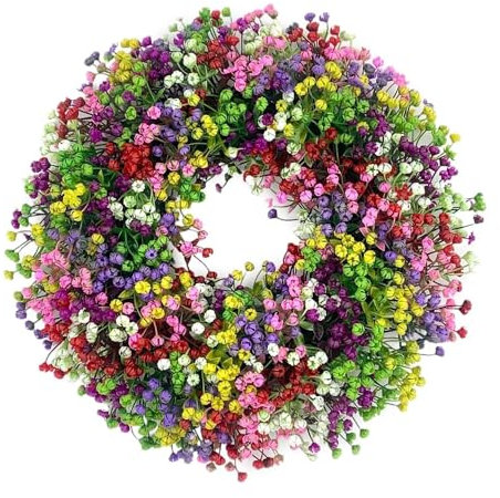 VORAE 40cm Spring Wreath, Artificial Summer Door Wreath, Colorful Gypsophila Wreath for Door, Wall, Window, Multi-Occasion, Pink, Purple, Yellow, Plastic