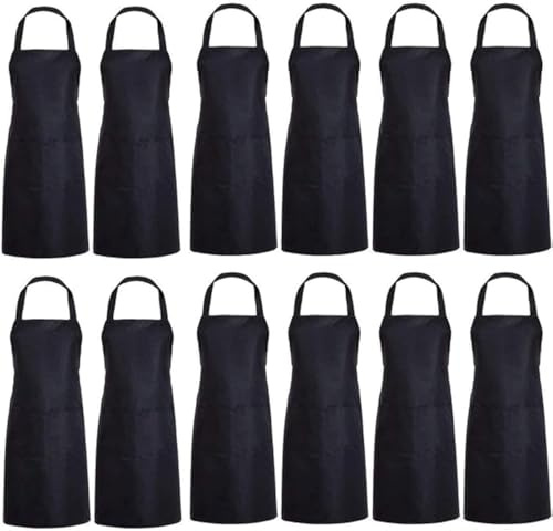 TESIN 12 Pack Black Bib Aprons with 2 Front Pockets (Black)
