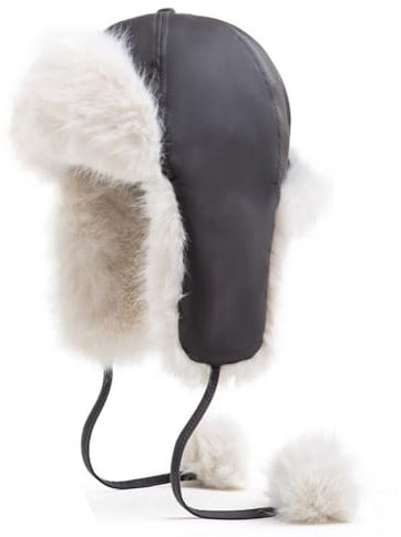 Wisafory Pilotmössa för kvinnor, läder, pälsmössa, vindtät, varm, vintermössa, trappermössa med pompoms, snörning, skidmössa, bombermössa, fuskpäls, pilotmössa för utomhusaktiviteter, GRÅ, 56-58