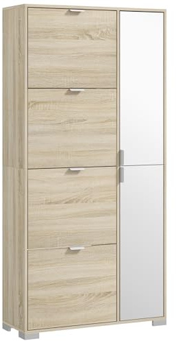 HOMCOM Scarpiera Salvaspazio Slim Alta con 2 Ante a Specchio e 4 Ante a Ribalta, Scarpiera Ingresso con Ripiani Regolabili, 2 Armadietti, 5 Gambe, Porta Scarpe per 16 Paia, 82x30x168 cm, Rovere