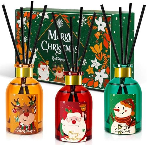 Scent Hi Diffusore Profumo Ambiente Natale, 3 * 50ml Diffusore profumato con 18 Diffusore Bastoncini per la casa per la Decorazione della Mensola- Legno di cedro, Limone, Cannella di mele