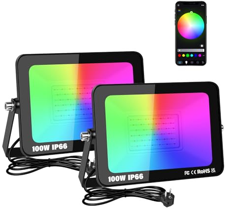 RIGIDON 2X 100W Smart Outdoor RGB LED-strålkastare med stickpropp, APP-fjärrkontroll, dimbar färgskiftande strålkastarljus för trädgårdsgård Landscap Party Scendekoration, IP66 elnätdriven