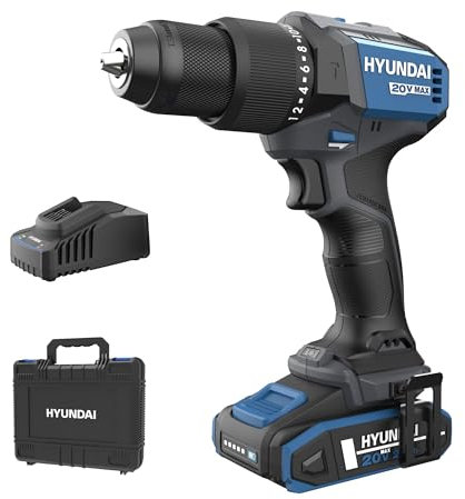 HYUNDAI Akku-Schlagbohrschrauber HD20X-60-2A1 | 20V, bürstenloser Motor, 60 Nm, 13mm Metallbohrfutter, 2-Gang-Metallgetriebe | Lieferumfang: Akkuschrauber, 1 x 2.0Ah Akku, Ladegerät, Koffer