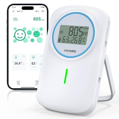 Inkbird Rilevatore di CO2 Bluetooth,3 In 1 Termometro Ambiente Interno con Sensore CO2, NDIR Sensore,APP Controllo,Funzione di Allarme,Monitor della qualità dell'aria,Rilevatore di Anidride Carbonica