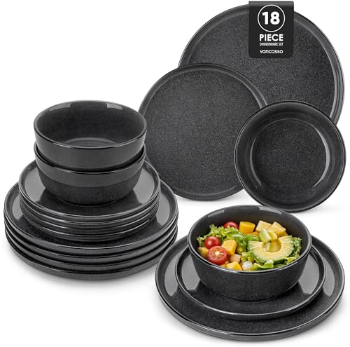 vancasso ANYA Vajillas Completas 18 Piezas para 6 Persone, Vajillas de Gres - 6 Platos Llanos, 6 Platos de Postre y 6 Cuencos de Cereales - Apto para Lavavajillas, Esmalte Reactivo Gris