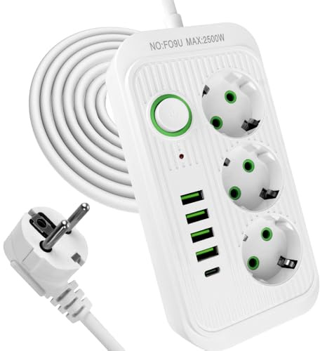 RNPKZ grenuttag med USB, 3-vägs grenuttag med strömbrytare, 8-i-1 USB-grenuttag med 3 AC platt kontakt, 4 USB-laddare och 1 typ C-kontakter, 2 m uttagsadapter för hem kontor