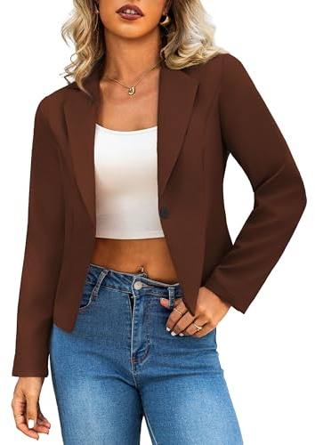 Traleubie Womens Cropped Blazer - Single Button Lightweight Business Casual Outfits Versatile Suit Jacket Brown M