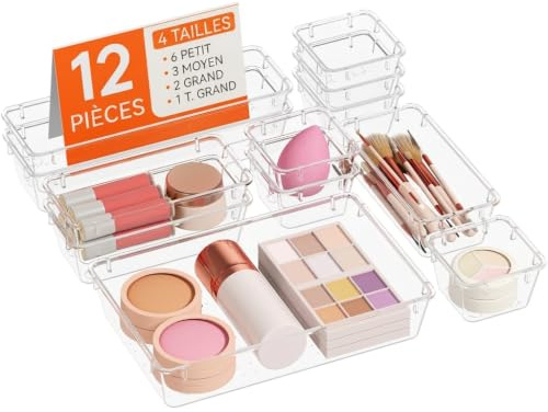 Lifewit Lot de 12 Organisateurs de Tiroirs en Transparent, Rangement Tiroir Diviseur de Tiroir Plateau pour Papeterie Maquillage Bijoux, dans la Cuisine Chambre à Coucher Salle de Bain et le Bureau