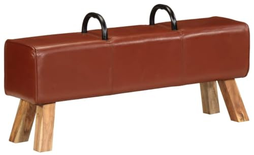SooIarix brun gymnastikbock bänk av äkta läder, 110 x 30 x 46 cm, akaciaträram, 220 kg lastkapacitet, med metallhandtag för hem, kontor och träningsområde