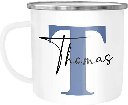 SpecialMe® Emaille-Tasse mit Namen Buchstabe Emaille-Becher Monogramm Initiale personalisierte Geschenke Namensaufdruck blau weiß-metall Emailletasse