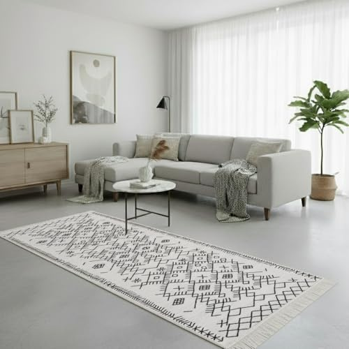 Jimri Teppich Läufer - Tepiche für Wohnzimmer, Schlafzimmer, Küche, Kinderzimmer, Badezimmer - Boho Kelim - Läufer Flur, Schwarz-Weiß, Größe: 60x180 cm